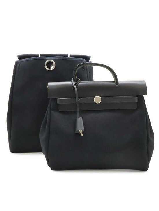 Hermes Herbag a Dos PM Backpack 2-Way Handbag Toile Officier Leather Black